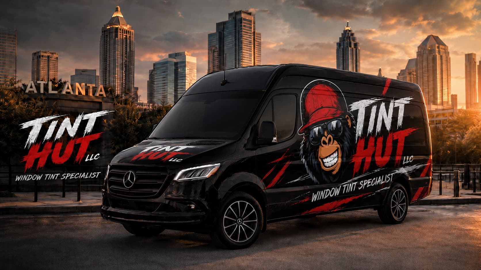 TintHut's branded van with the Atlanta skyline behind it